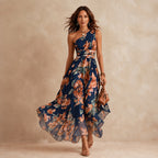 Celeste navy one-shoulder floral maxi dress — view 1
