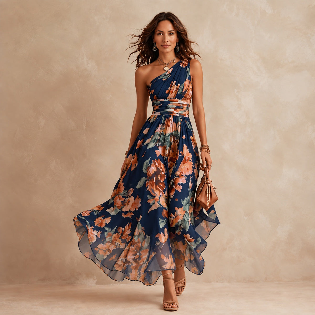 Celeste navy one-shoulder floral maxi dress — view 1
