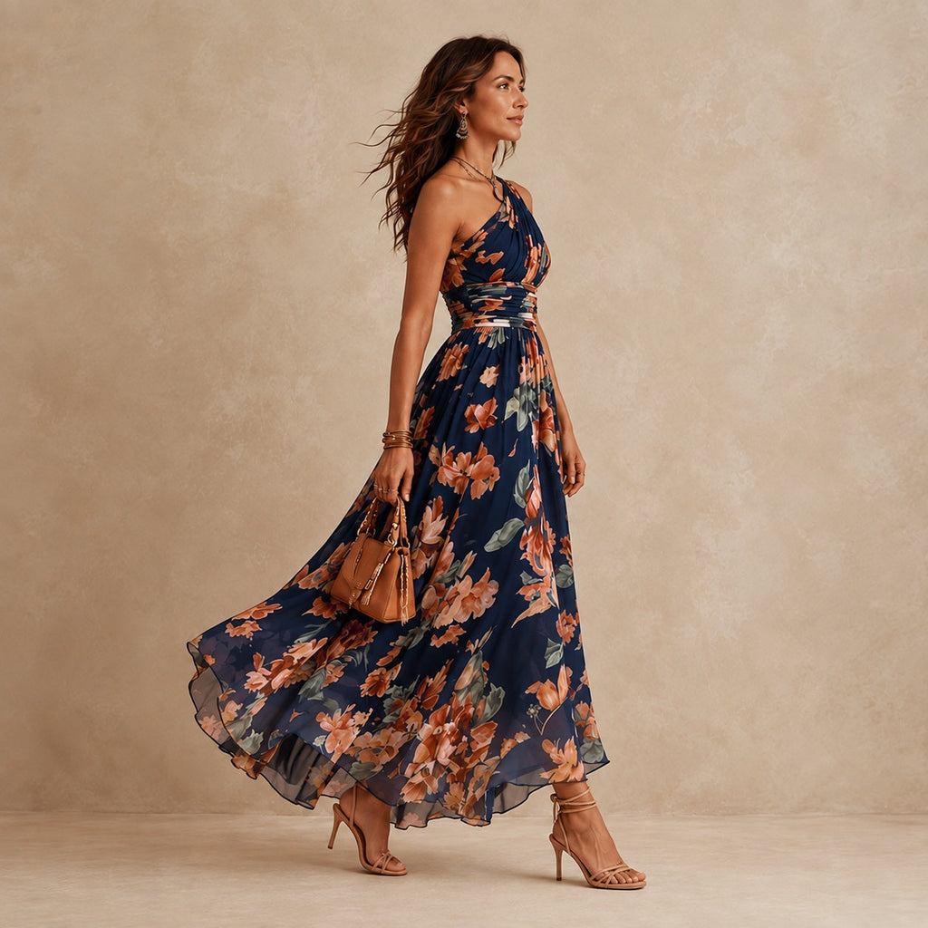 Celeste navy one-shoulder floral maxi dress — view 2