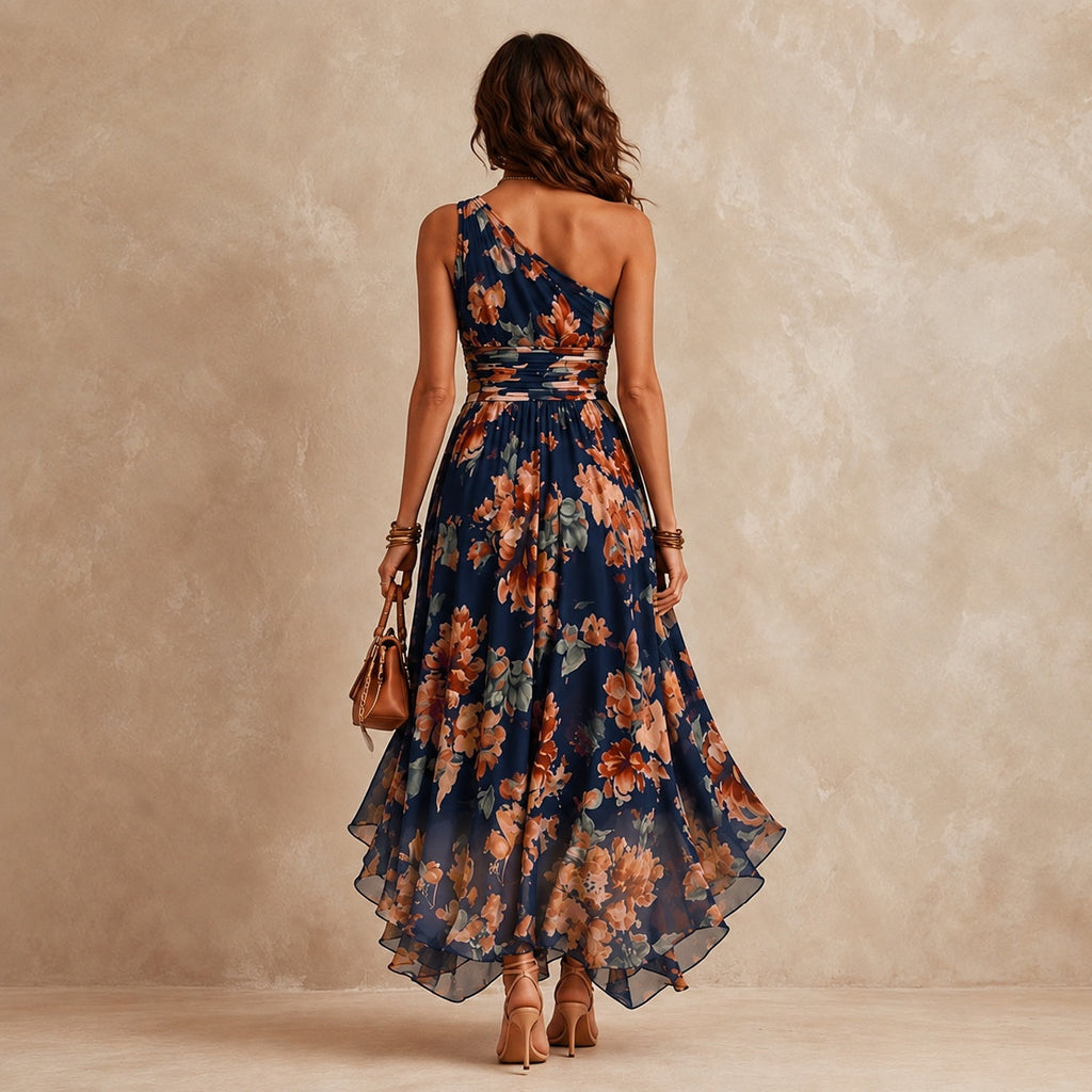 Celeste navy one-shoulder floral maxi dress — view 3