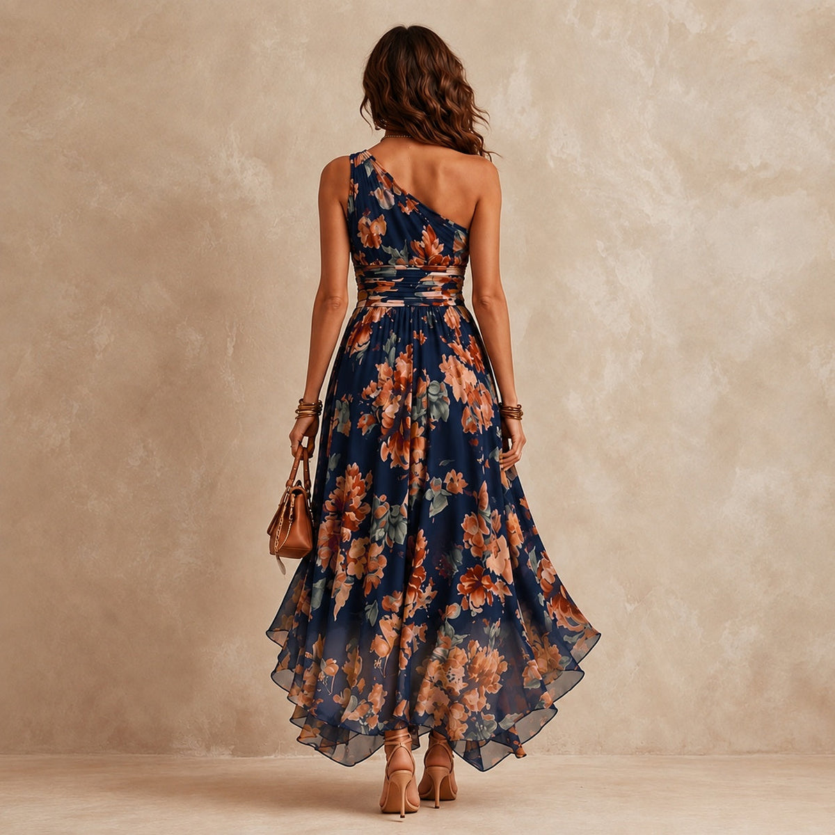 Celeste navy one-shoulder floral maxi dress — view 3