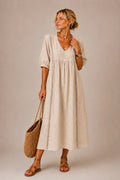Linnea lace-trim linen maxi dress — Apricot