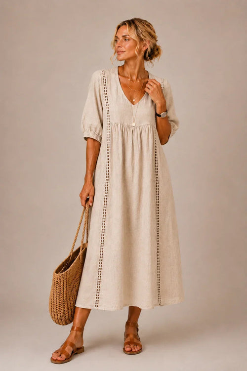 Linnea lace-trim linen maxi dress — Apricot