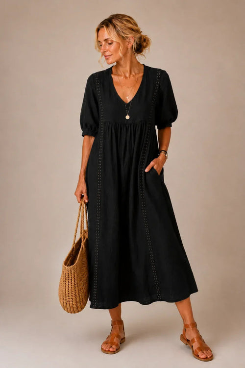Linnea lace-trim linen maxi dress — Black